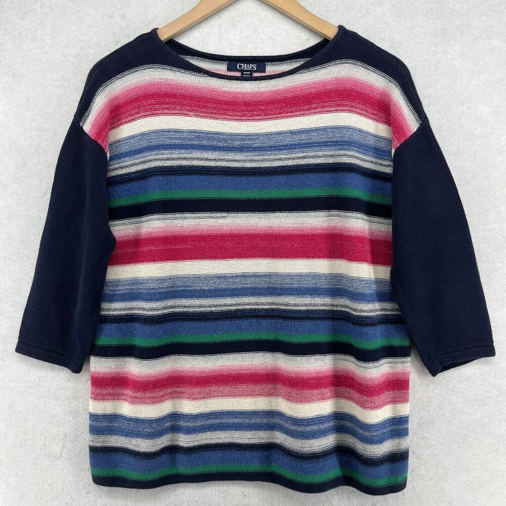 CHAPS DENIM Sweater Womens M Ombre Stripe 3/4 Sleeve Jumper Cotton Blend Blue